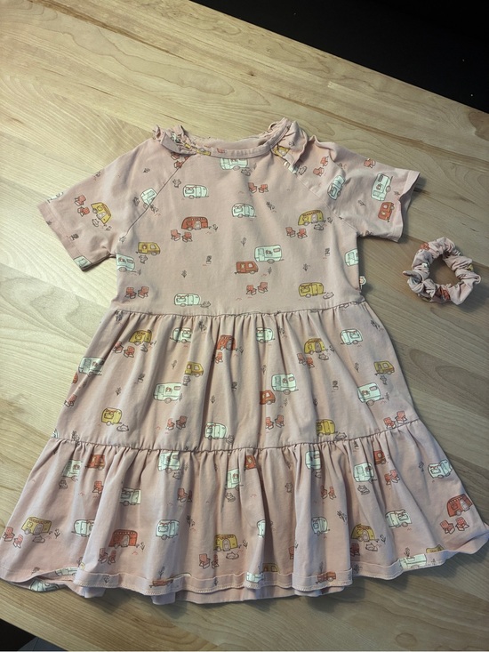 Souris Mini Other - Souris Mini Girls' Pink Caravan Print Tiered Summer Dress with Scrunchie